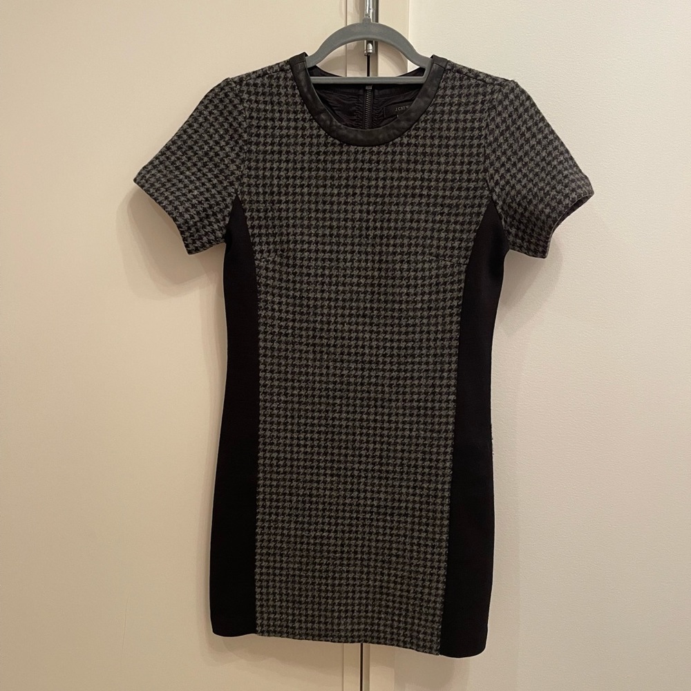 J. Crew Houndstooth shift dress leather neck trim 0P